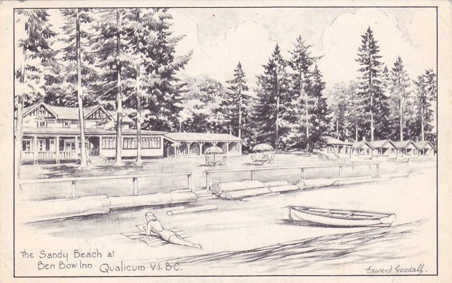 A pencil drawing of the beach below the Ben Bow Inn: the lodge and
                      its verandah on the left, a row of small cabins under tall firs on
                      the right, sun umbrellas on the lawn, a rowboat and a sunbather on
                      the sand.