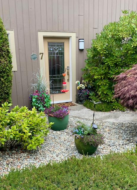 A cream front door marked number 7, with glazed pots of heather and trailing flowers standing on a gravel bed, and a lace-leaf maple to the right.